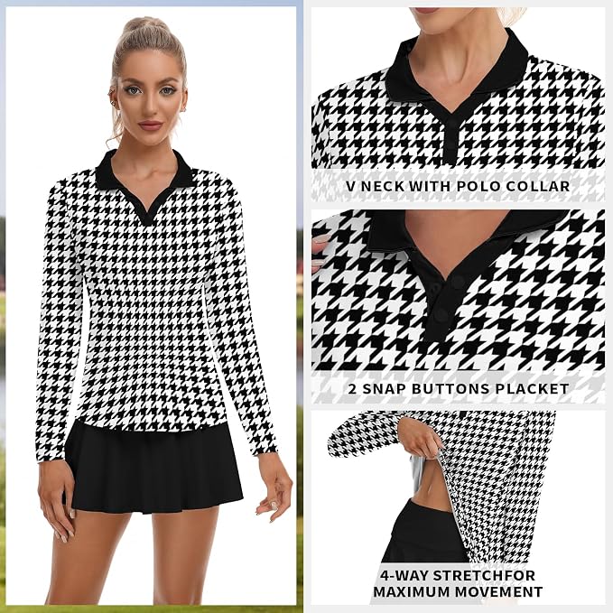 Soneven Womens Golf Shirts Moisture Wicking V Neck Long Sleeve Polo Shirts Collared Tops