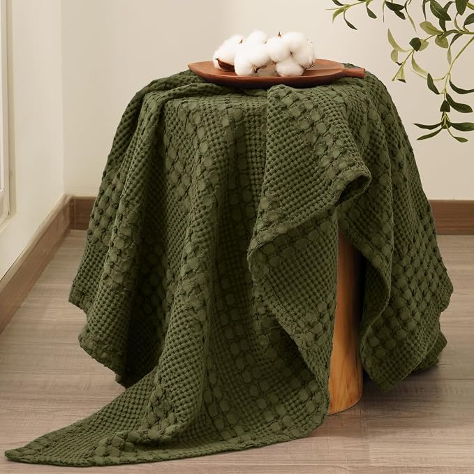 PHF 100% Cotton Waffle Weave Throw Blanket, Lightweight Breathable Summer Blanket for Couch Sofa, Pre-Washed Soft Throws for Bed, Office, Travel & Stylish Home Decor, 50"x60", Capulet Olive