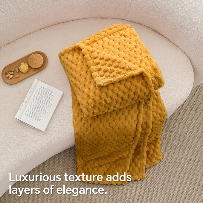 BEDELITE Mustard Yellow Throw Blanket for Couch, Soft Cozy Gifts for Women | 3D Jacquard Decorative Fleece Blanket, Super Soft Plush Throws, Cute Birthday Gift for Women, Suitable for All Seasons, 50*60