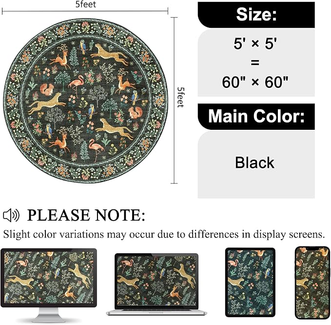 DUKINO 5ft Round Rug, Washable Animal Non Slip Circle Area Rug, Black | Low Pile, Soft, Non-Shedding Indoor Round Carpet for Bedroom, Living Room, Farmhouse, Farmhouse, Pet Friendly, Lightweight