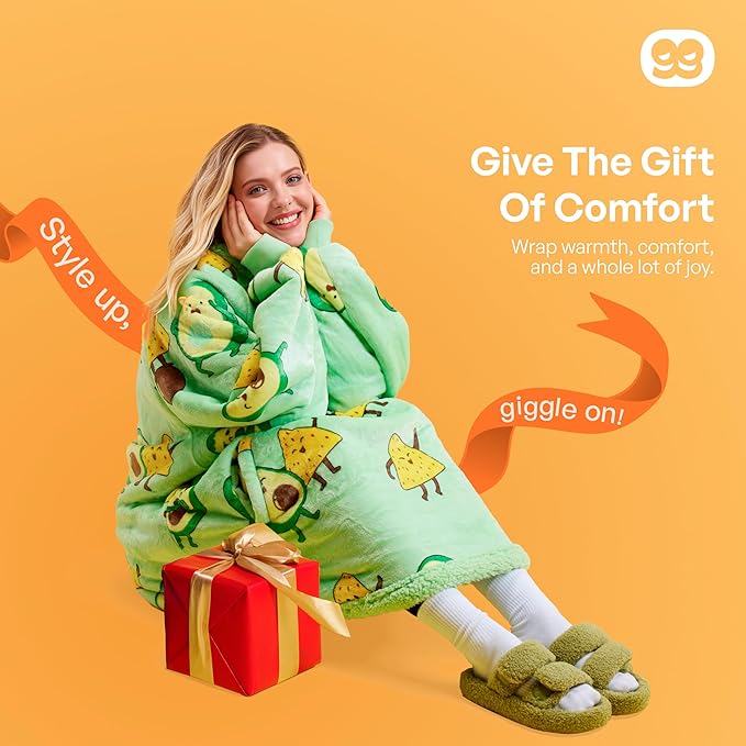 Giggling Getup Wearable Blanket Hoodie for Adults Gifts for Teen Girls Sister Women Sherpa Fleece Printed Hooded Blanket Sweatshirt Warm Cozy with Pocket & Sleeves Green Avocado