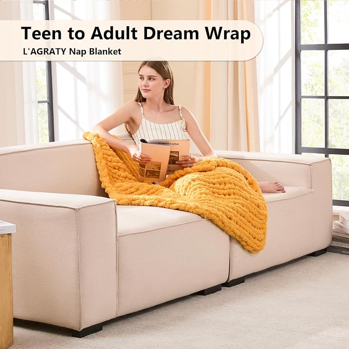 L'AGRATY Chunky Knit Throw Blanket for Couch, 30 x 40 Inches Mustard Yellow | Handmade Chenille Crochet Blanket for Sofa Bed, Thick Cable Knitted Blankets for Room Home Decor, Birthday Gift for Women Mom
