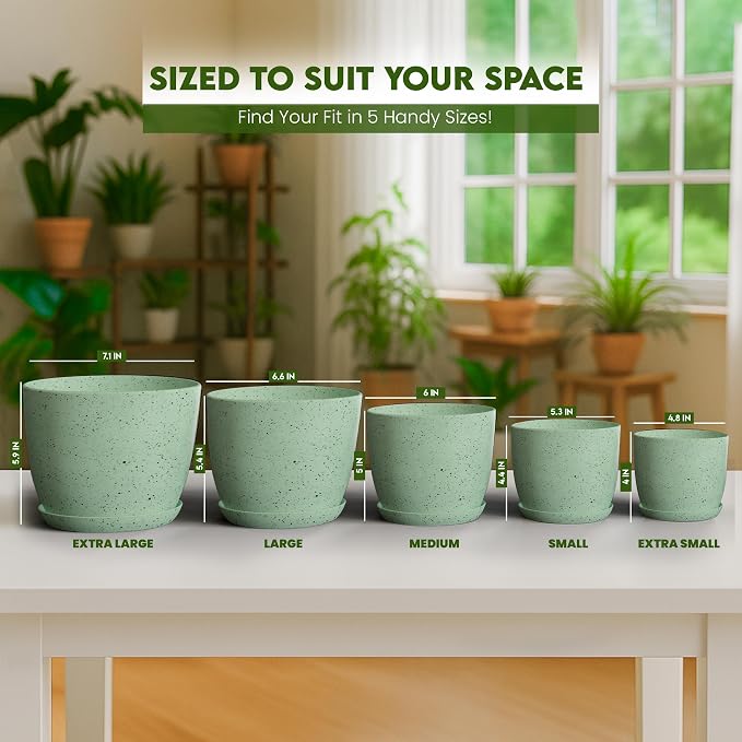 Plant Pots Indoor with Drainage 10 Pack Multi-Size Planters Set Spotty Mint | Drainage holes included Multiple sizes 7/6.6/6/5.3/4.8 In Indoor plants and flowers Durable plastic construction