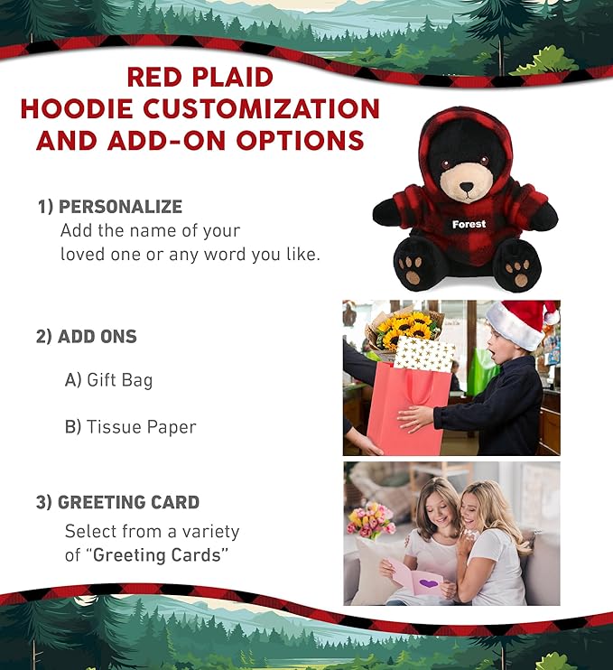 DolliBu Super Soft Black Bear Stuffed Animal with Plaid Red Hoodie Sweater and Personalization - Bear Plush Lumberjack Stuffed Toy with Plaid Jacket Dress Up for Christmas, Holiday, Winter - 6 Inches