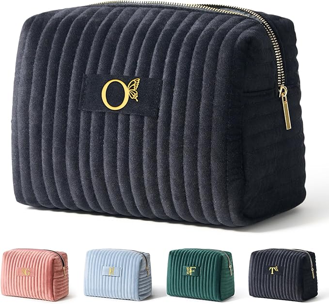 COSHAYSOO Travel Makeup Bag Quilted Make Up Pouch Initial Velvet Cosmetic Case with Butterfly Decor for Young Women 18 19 20 21 22 23 24 25 26 27 28 29 30 40 50 Year Old Birthday Gifts Black Letter O