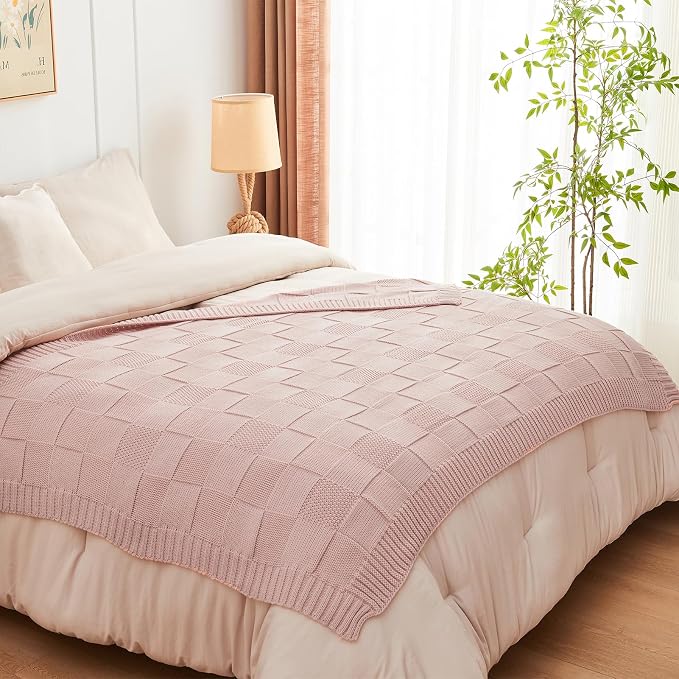 CozeCube Pink Knitted Checkered Throw Blanket 50"X60" | Check Knit Throw for Couch, Decorative Christmas Soft Cozy Warm Blanket for Bed Sofa Living Room
