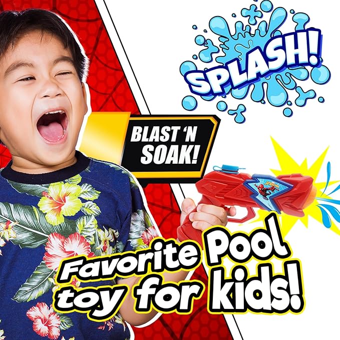 JA-RU Large 8" Marvel Spiderman Water Squirt Gun (1 Pack Improved Style) Avengers Soaker for Kids Fun. Training Dog & Cat. Pool Toy. Include 1 Sticker.6819-1s