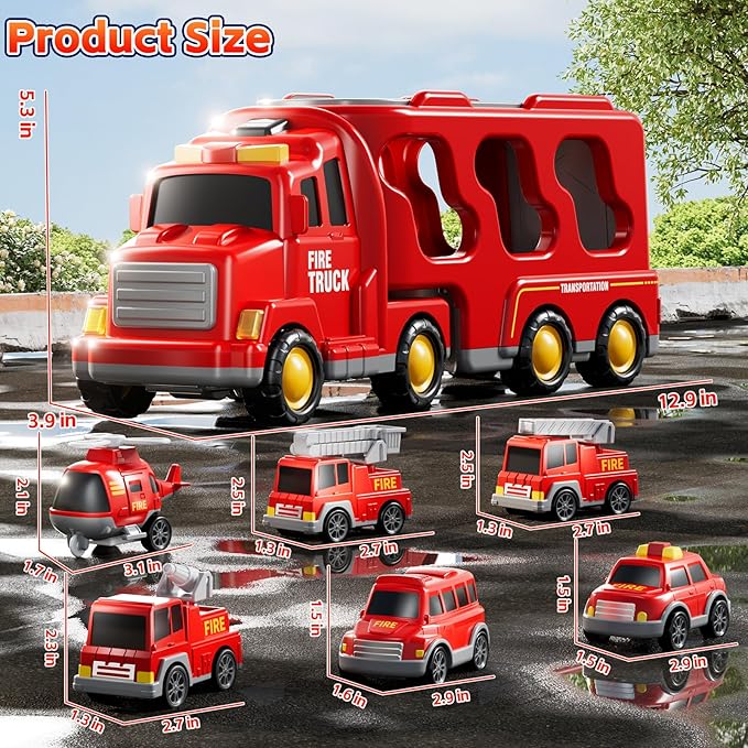 Fire Truck Toys for Toddler 1-3 3-5, 7-in-1 Fire Car Carrier Vehicle Set for Girls 1 2 3 4 5 6 Years Old, Transport Car with Light Sound, Birthdays Gifts for Kids Girls Aged 3-9