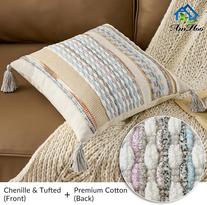 Chenille Striped Textured Boho Throw Pillow Covers Aesthetic with Tassels Woven Decorative Pillow Case for Couch Bed Sofa Bedroom Modern Funky 18 x 18-Inch White Multicolor
