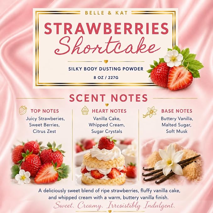 Body Powder for Women & Men Scented Strawberries & Shortcake, Bath Perfume Dusting Powder with Fragrance & Essential Oils, Talc Free Large 8oz Container with Puff, Made in USA