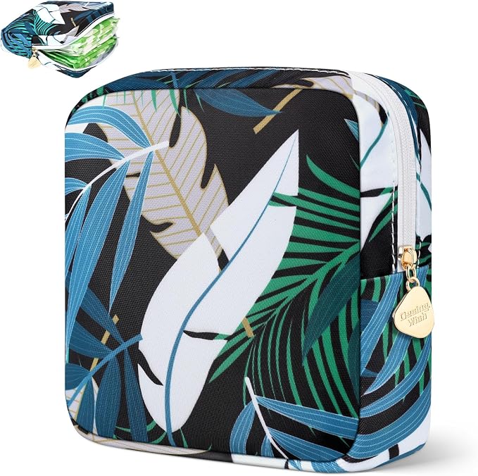 Period Bag for Girls Polyester Period Pouch Pad Bag First Period Kit for Teen Pads/Sanitary Napkins/Small Tampons, Feminine Hygiene Organizer for Women (Jungle Leaf)