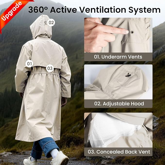 LAMA Womens Long Raincoats Rain Jacket Waterproof Packable Hooded Windbreaker Lightweight Adjustable Waist for Outdoor
