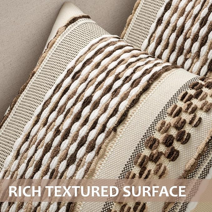 ANRODUO Boho Decorative Pillow Covers Dark Brown Stripe 18x18 Pack of 2 | Throw Pillow Covers, Farmhouse Cushion Case, Chenille Pillow Cases, Pillow Covers, Accent Neutral Pillowcase for Couch Bed