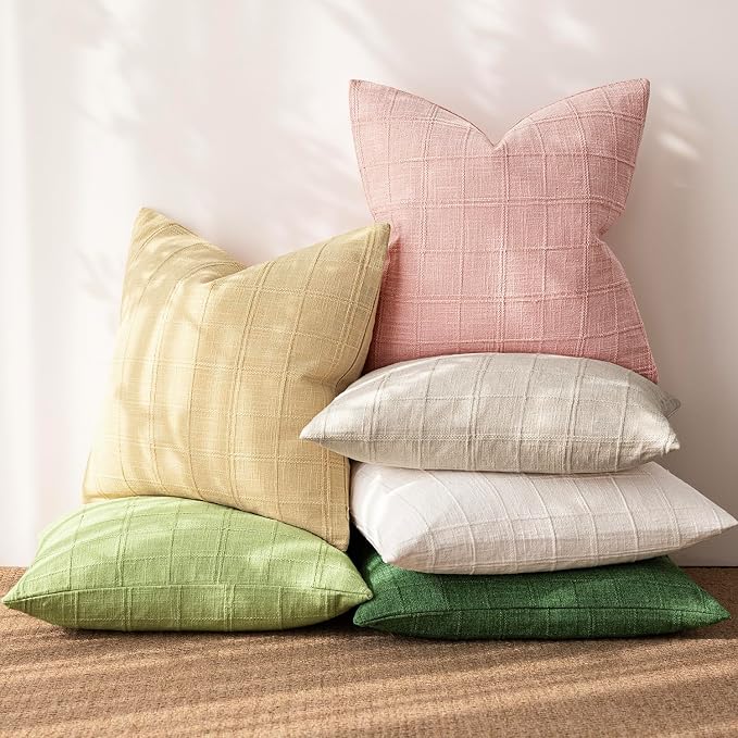 Foindtower Set of 2 Decorative Linen Check Throw Pillow Covers Neutral Farmhouse Vintage Cushion Covers Modern Boho Accent Home Decor for Sofa Chair Couch Bedroom Living Room,22×22 Inch,Light Pink