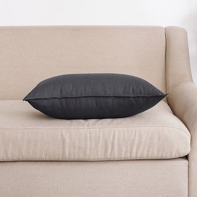 Jeanerlor Natural Cotton Linen Square Decorative Throw Pillow Case Dark Grey Cushion Cover with Twin Needles Stitch on Edge for Lumbar, 12"x20"(30 x 50cm), Dark Grey