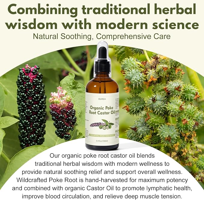 Poke Root Castor Oil Organic - 3.4 Fl Oz (100ML) - Lymphatic Support Massage Liquid, Natural Deep Tissue Relief Drops for Boils, Fibroids, Cysts, Swollen Lymph Nodes, Breast & Joint Health