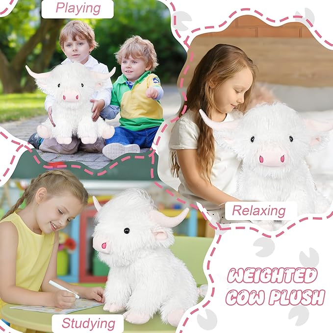 Highland Cow Weighted Stuffed Animals, 4 Lbs White Highland Cow Plush 13.7 Inches, Surprise Weighted Stuffed Animals Gift for Kids Birthdays, Halloween, Christmas (White)