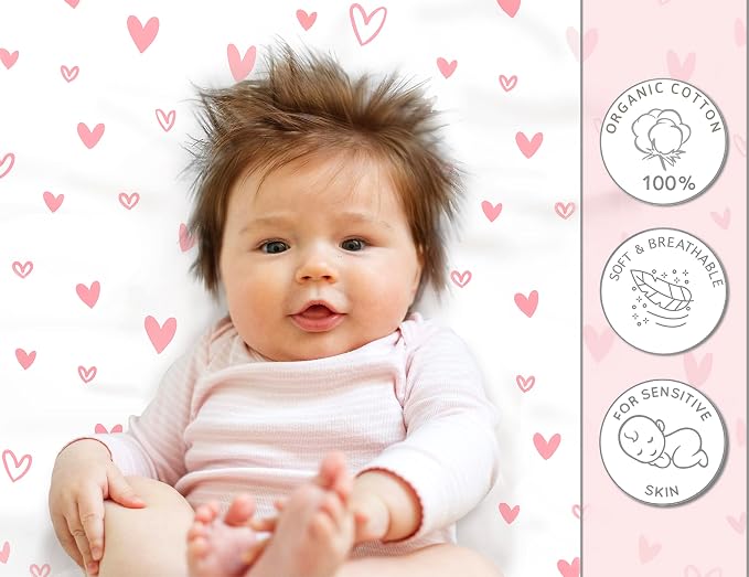 100% Organic Cotton Fitted Travel Crib Sheets, Perfectly Compatible with Guava Lotus, BabyBjorn, Dream On Me and All mattresses 22-26" Wide by 40-44" Long. Strap Holes in Corners. 2 Pk