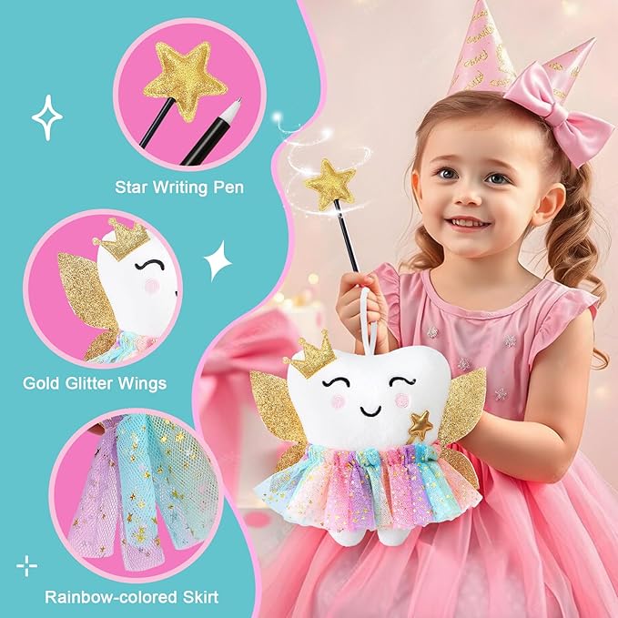 G.C Kids Tooth Pillow Toys Boys Girls Tooth Holder Teeth Fairy Stuffed Animal Plush Toy with Wings Pocket Tooth Notepad Felt Keepsake Wallet Pouch Gifts