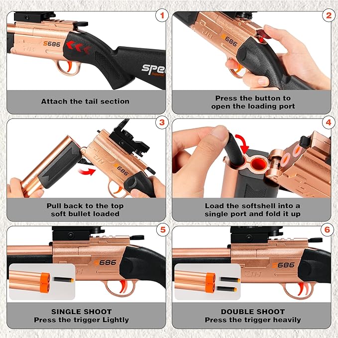 Toy Gun Double Barrel Shotgun Toy,with 20 Soft Bullet Darts, Toy Foam Blaster Foam Dart Blaster with Scope for Kids, Youth, Teen, Boys-Holiday for 8-12 Year (Gold)