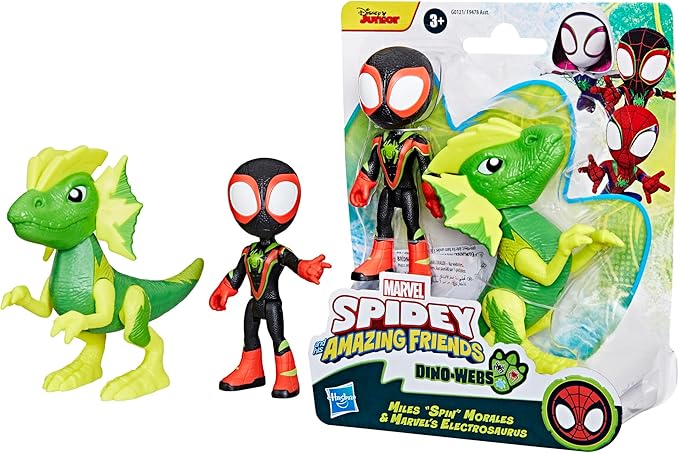Spidey and his Amazing Friends Marvel Dino-Webs, Miles Spin Morales & Marvel's Electrosaurus Action Figures, Super Hero Toys for Kids Ages 3 and Up