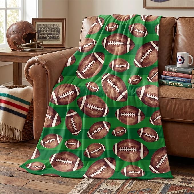 Horaldaily Football Green Flannel Throw Blanket 50x60 | All Season Using Ultra Soft Fuzzy Plush Cozy Non-shedding Blanket for Couch Sofa Bed Camping, Ideal Gift for Kids Adults