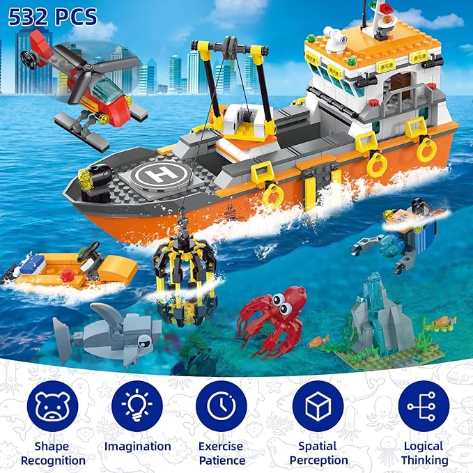 City Ocean Explorer Ship Building Set, Fun Toy Exploration Boat Building Block Kit with LED Lights, Helicopter, Submarine Birthday for Boys Girls Kids 6 8 10+