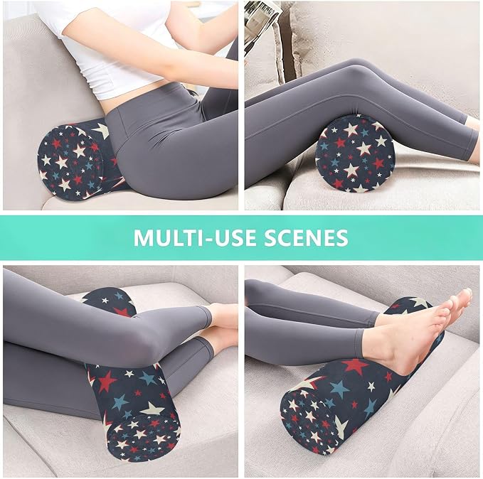 Neck Roll Pillow Bolster Round Health Memory Foam Long Cervical Cylinder Body Pillows with Removable Washable Cover Bed Legs Back Yoga Stars Blue July 4th Patriotic