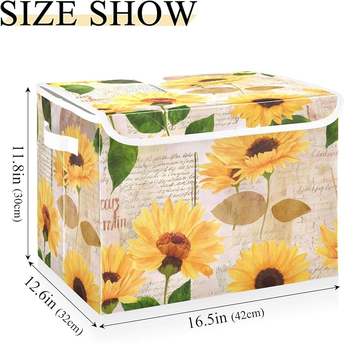 Yellow Sunflower Storage Bins with Lids and Carrying Handle,Foldable Storage Boxes Organizer Containers Baskets Cube with Cover for Home Bedroom Closet Office