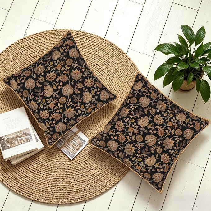 Vintage Tapestry Floral Soft Velvet Throw Pillow Covers Set of 2 Black Brown Bohemian Boho Carpet Flowers Decorative Pillow Covers 20x20 Inch Rustic Retro Rug Pillow Case For Sofa Couch Home Decor