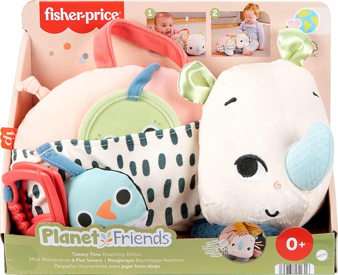 Fisher-Price Newborn Toy Planet Friends Tummy Time Roaming Rhino Plush with Sensory Activities for Babies Ages 0+ Months