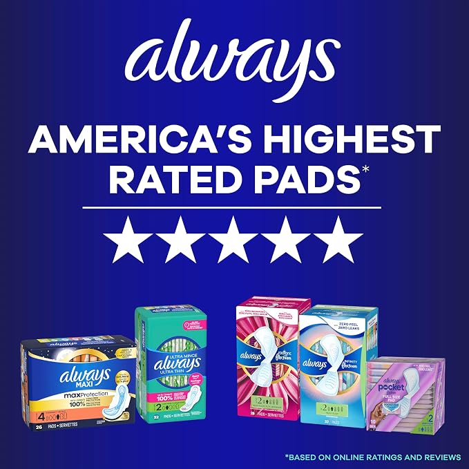 Always Maxi Overnight Feminine Pads with Wings for Women, Size 4, Overnight Absorbency, Unscented, Up to 100% Leak-Free Protection, 72 Count