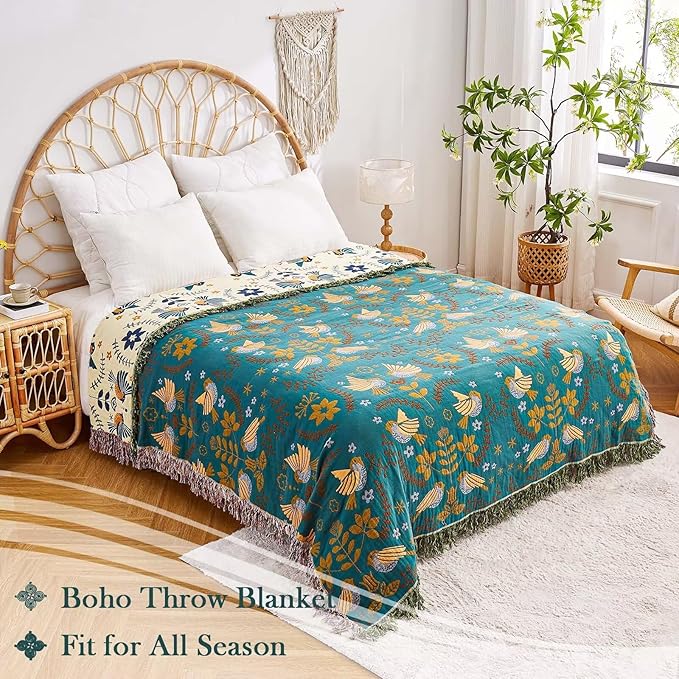 XIBLC Boho Throw Blanket, 100% Cotton Ultra Soft Luxury Throw Rustic Quilt, 50"x60" Floral Printed Farmhouse Decor Bed Summer Blankets, All Season Reversible Bohemian Throw for Bed