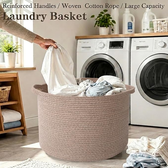 65L Large Blanket Basket,Woven Rope Laundry Basket-Brown | Collapsible, reinforced handles, nursery storage bin organizes clothes, toys and pillows for living room, bedroom bathroom.