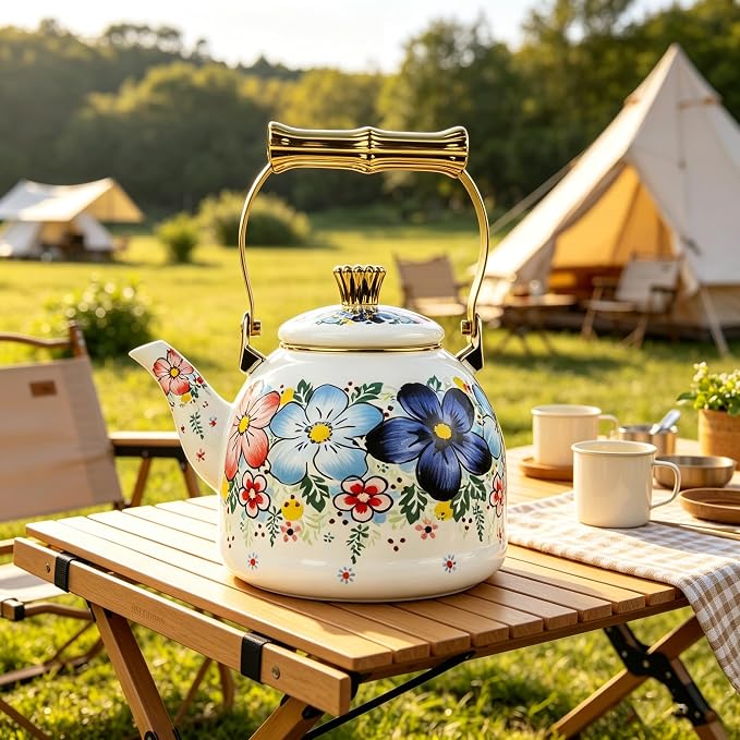 Floral Enamel Tea Kettle Bohemian Blue Flowers Stovetop Teapot 2.5L Coffee Hot Water Kettles with Gold Handle Vintage Kitchen Decor Christmas Gift