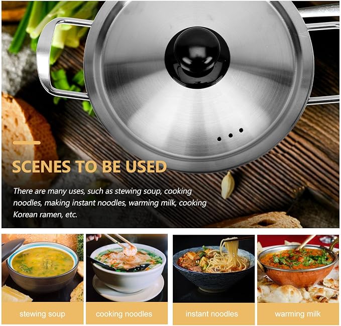 Korean Ramen Pot with Lid 16Cm Stainless Steel Double Ear Stock Pot Non-Stick Cookware for Household Instant Noodles and Seafood Cooking Compatible with Induction and Open Flame
