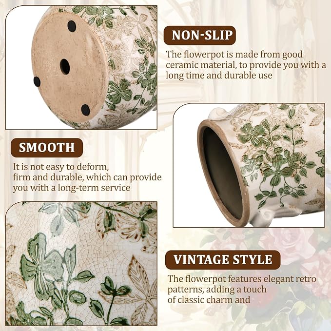 Ceramic Scroll Planter 6.5 Inch Chinoiserie Floral Vase with Drainage Holes Vintage Flower Vase Flower Pot Rustic Ceramic Pots for Indoor Plants Garden Home Bookshelf Decor(Double Green)