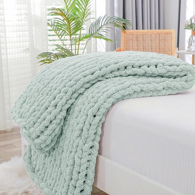 Bigacogo Chunky Knit Throw Blanket for Couch, 40x60 inches, Mint | Hand Knit with Jumbo Chenille, Soft Breathable Cable Knit for Sofa Bed Living Room, Machine Washable, Gift for Mom Friend