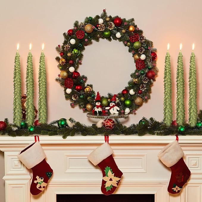 Conelist 6 Pcs Christmas Tree Candles Christmas Tree Shaped Taper Candles Decorative Xmas Wax Scented Candlesticks for Xmas Eve Winter Holiday Home Table Decoration Gift(Dark Green,10 Inch Style)