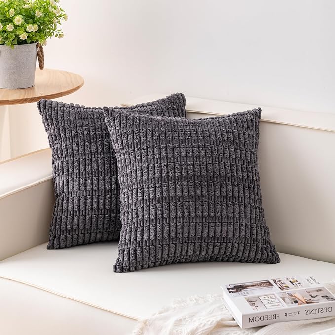 Pack of 2 Corduroy Decorative Throw Pillow Covers 16x16 Inch, Dark Grey | Fall Soft Striped Pillow Covers Modern Farmhouse Home Decor Christmas Throw Pillow Covers for Sofa Living Room Couch Bed