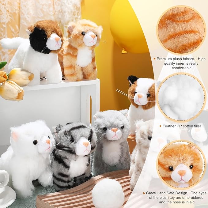 Sumind 8 Pcs Cat Stuffed Animals Bulk Plush Pets 5 Inch Cute Assorted Plush Cats Horse for Birthday Halloween Christmas Party Favors Favors(Standing Cat)