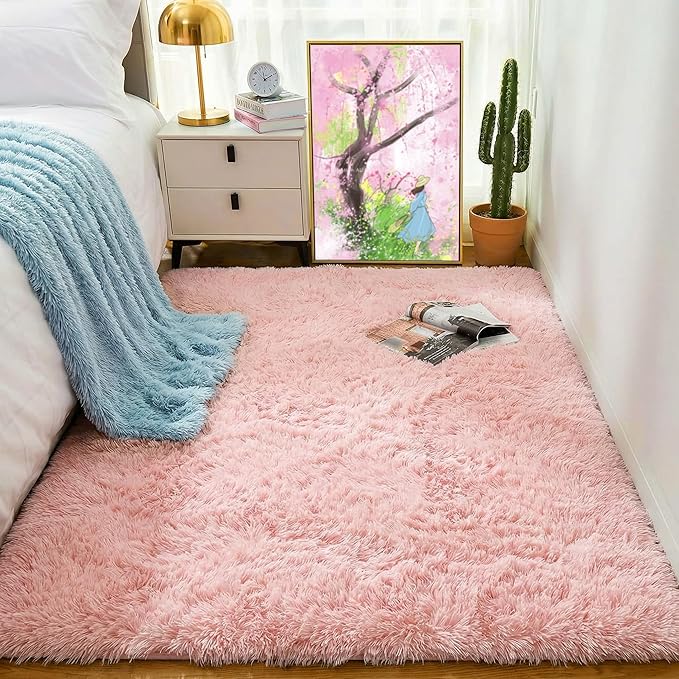 PAGISOFE Pink Rugs for Girls Bedroom 4x6 Ft Fluffy Cute Girls Room Decor Aesthetic Area Rugs Kawaii Baby Nursery Rugs Plush Playroom Shag Teen Girl Rug Thick Fur Dorm Rug Living Room Carpet