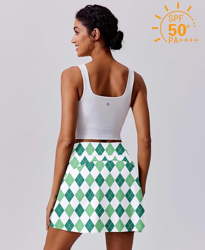 PINSPARK 17" Golf Skorts for Woman High Waisted Tennis Skirt with 4 Pockets | Lightweight, Quick Dry, 4-Way Strecth, Breathable, Tummy Control, UPF 50+ Athletic Skort for Workout, Pickleball, Gym, Casual