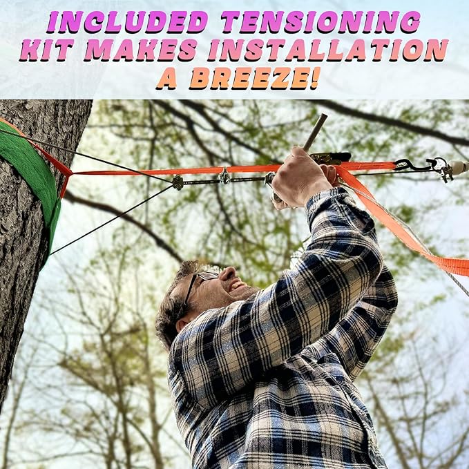 Zipline for Kids and Adult, Zip line Kits for Backyard with Stainless Steel Spring Brake, Cable Tensioning Kit, Safety Harness, 2 Tree Protectors and Full Set of Zip line Accessories