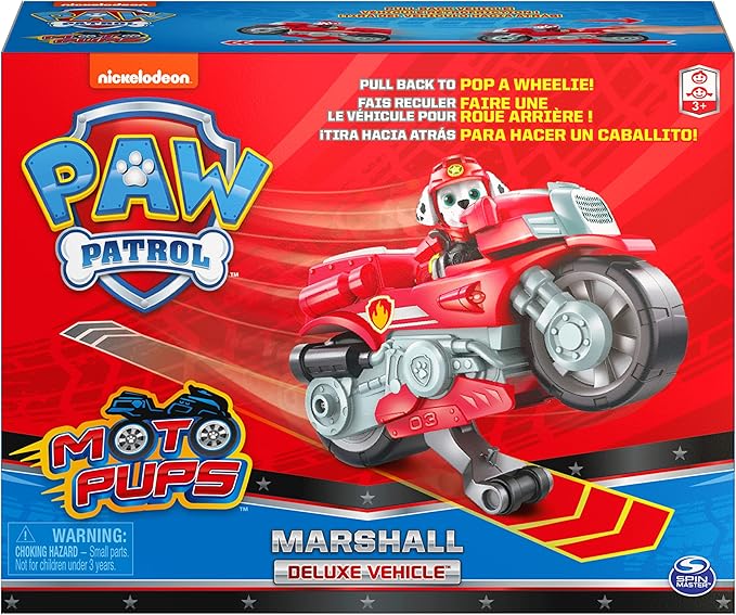 Paw Patrol, Moto Pups Marshall’s Deluxe Pull Back Motorcycle Vehicle with Wheelie Feature and Toy Figure
