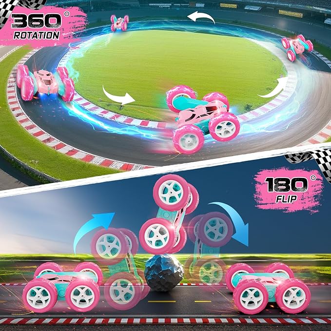 cosone Remote Control Car Pink RC Cars for Girls, RC Stunt Cars with 4WD Double-Sided Driving 360° Flips Rotating, Outdoor Toys for Kids Age 6 7 8 Valentines Day Gifts Birthday Gifts