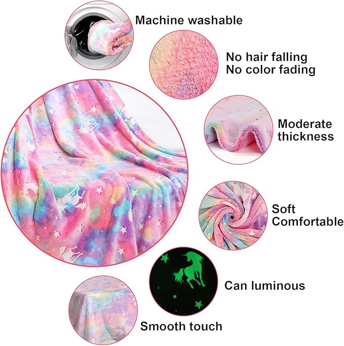 Glow in The Dark Blanket Unicorns Gifts for Girls,Toys for 2 3 4 5 6 7 8 9 10 Year Old Girl Gifts,Soft Kids Blankets for Christmas Halloween Birthday Valentines Gifts,60"x80"