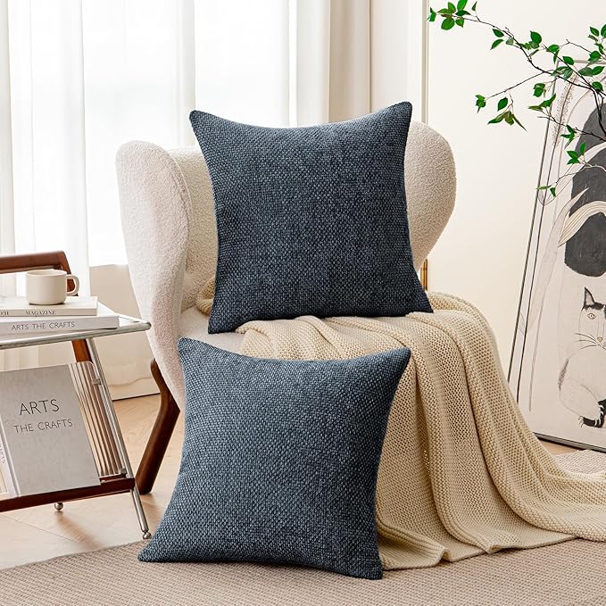 a moment Dark Blue Chenille Throw Pillow Covers 18x18 Inch Pack of 2 Modern Decorative Throw Pillow Covers Farmhouse Cross Covers Home Decor for Sofa Bedroom Living Room