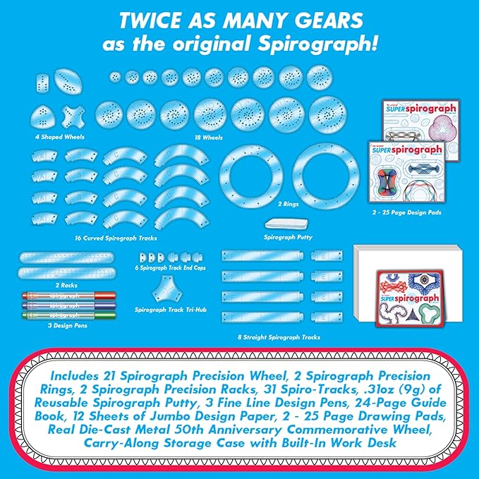 Spirograph Super 50th Anniversary Set –Arts and Crafts, Kids Toys, Art Supplies, Craft Supplies, Drawing Kit, Spiral Art, Classic Gear Design Kit, Case, Pens, Design Sheet Included, Ages 8+