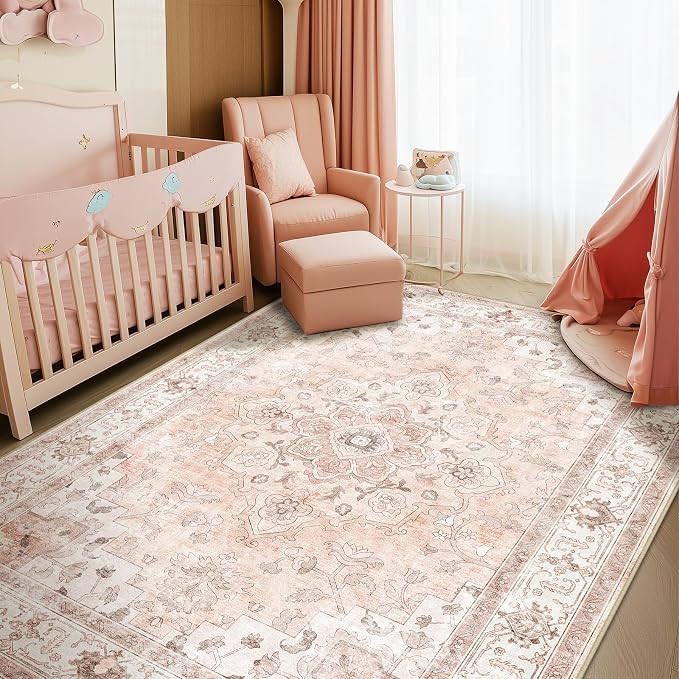CAPALOCA 5x7 Washable Nursery Girls Low Pile Area Rug Pink | Non-Slip Soft Rugs for Bedroom Kids Playroom Living Room, Print Pattern Water Repellent Carpet Indoor Decor